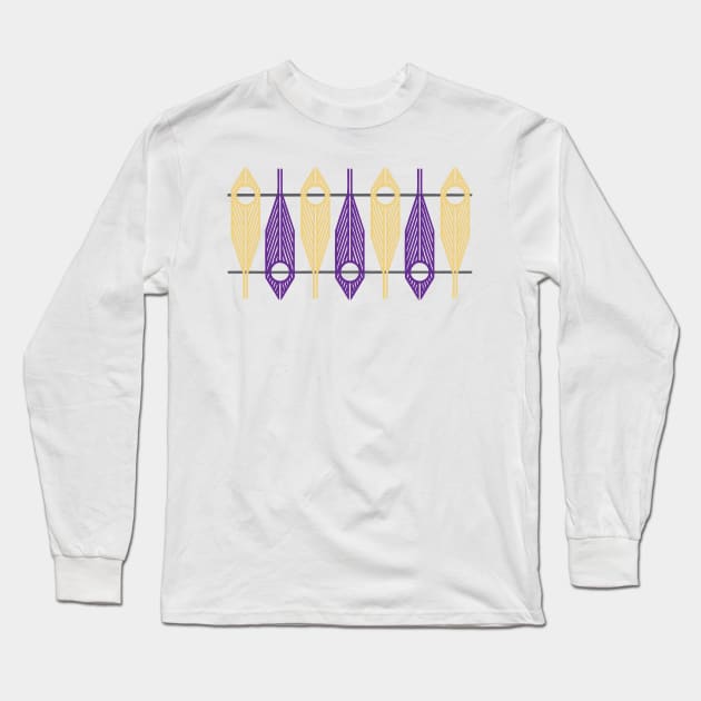 Geometric Feathers in Gold and Purple on White Long Sleeve T-Shirt by Theokotos